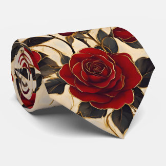 Corbata Rosas rojas y doradas sobre fondo cremoso