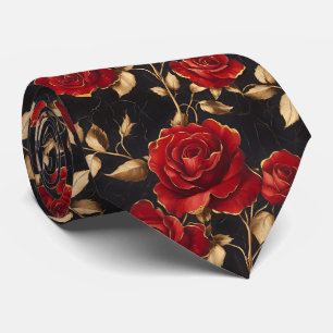 Corbata Rosas Rojas y Doradas Sobre Fondo Negro