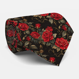 Corbata Rosas Rojas y Doradas Sobre Negro