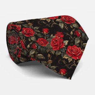Corbata Rosas Rojas y Doradas Sobre Negro
