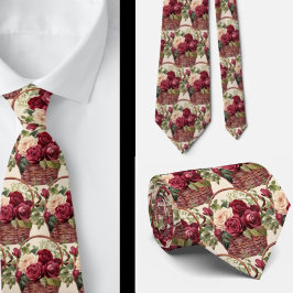 Corbata Rosas Rojo Burdeos Acuarela Floral Marfil
