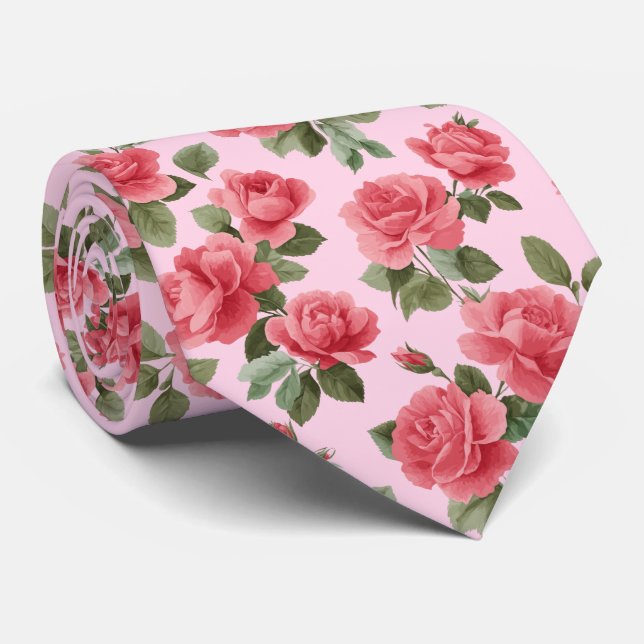 Corbata Rosas rosadas románticas patrón botánico (Enrollado)