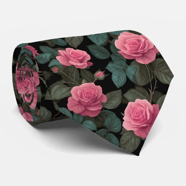 Corbata Rosas rosadas sobre patrón floral negro (Enrollado)
