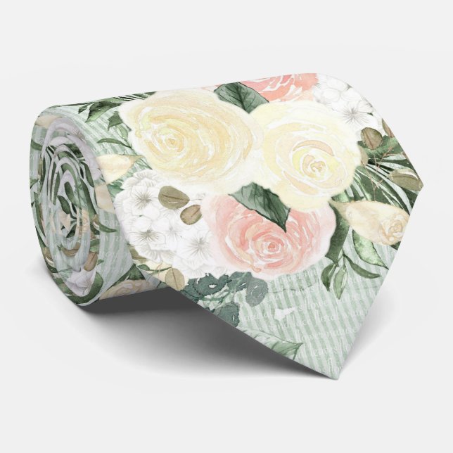 Corbata Rosas rosadas y crema sobre verde (Enrollado)