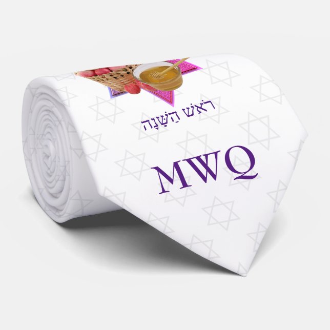 Corbata ROSH HASHANAH Blanco Monograma Tapón de cuello (Enrollado)