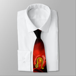 CORBATA RÓTULO LEO ZODIAC, ROSA FRACTAL ROJO EN NEGRO