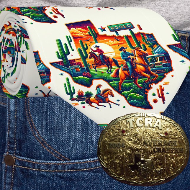 Corbata Rótulo Rodeo Cactus Cowgirl Cactus (Texas themed western necktie with cowboys, cowgirls, Texas landscape and a Rodeo sign.)