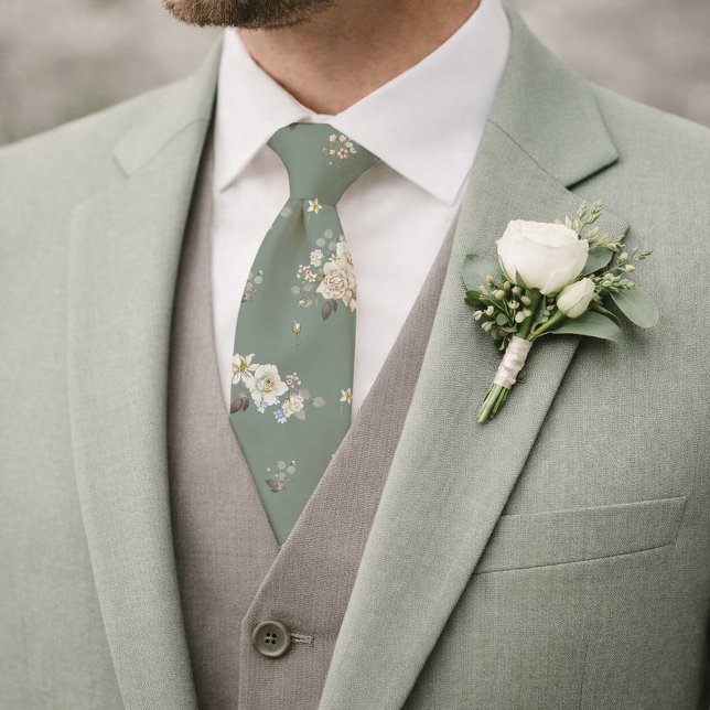 Corbata Sage Green Floral Necktie for Wedding (Subido por el creador)