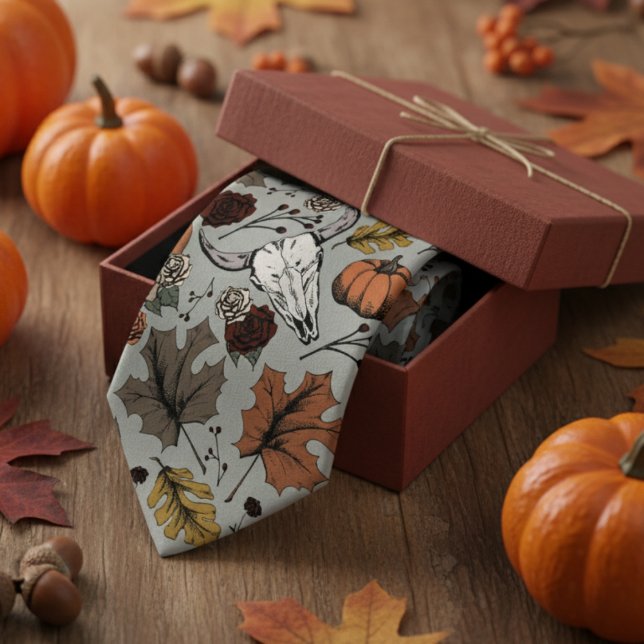 Corbata Sage Green Western Bull Skull Country (Modern Sage Thanksgiving Foliage Mens Tie. Fall Harvest, Cow Skull, Leaves Pattern in Autumn Colors.)