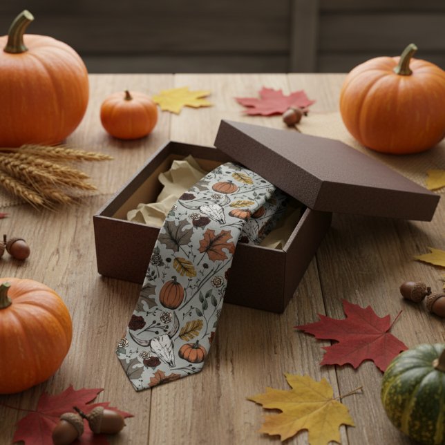 Corbata Sage Green Western Bull Skull Country (Sage Cow Skull Fall Harvest Thanksgiving Tie for Him. Skull, Burnt Orange Pumpkins, Autumn Leaves)