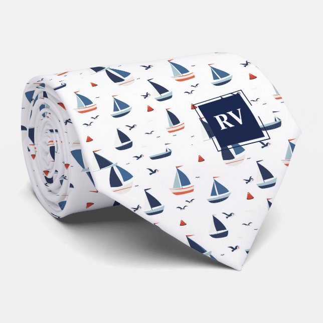 Corbata Sailboats at Sea Monogrammed (Enrollado)