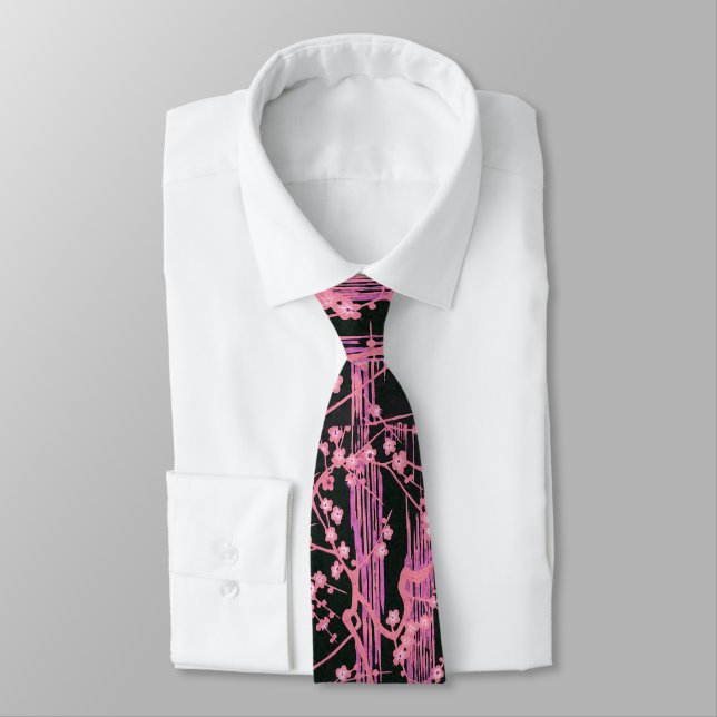 Corbata SAKURA NEGRO ROSA FLORECE Patrón floral japonés (Atado)