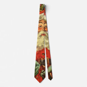Corbata Santa Claus vintage de Navidad en trineo con jugue