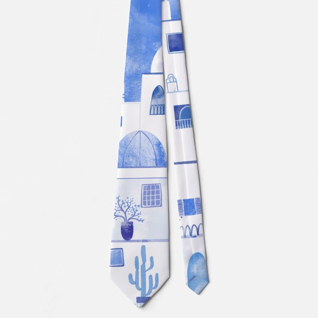 Corbata Santorini Greece Watercolor (Watercolor blue and white Santorini Greece art neck tie)