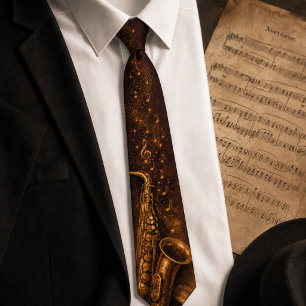 Corbata Saxofón vintage y notas musicales caoba oscura