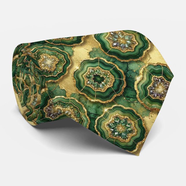 Corbata Seda de lujo falsa | Geoda verde + dorado (Enrollado)
