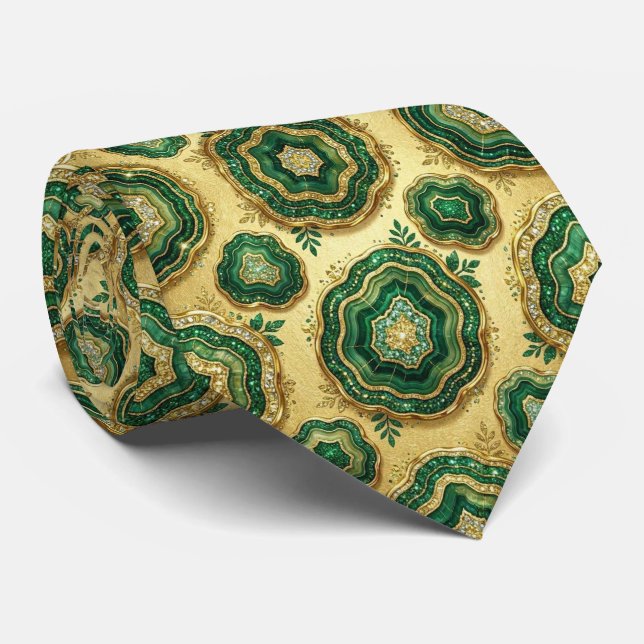 Corbata Seda de lujo falsa | Geoda verde + dorado (Enrollado)