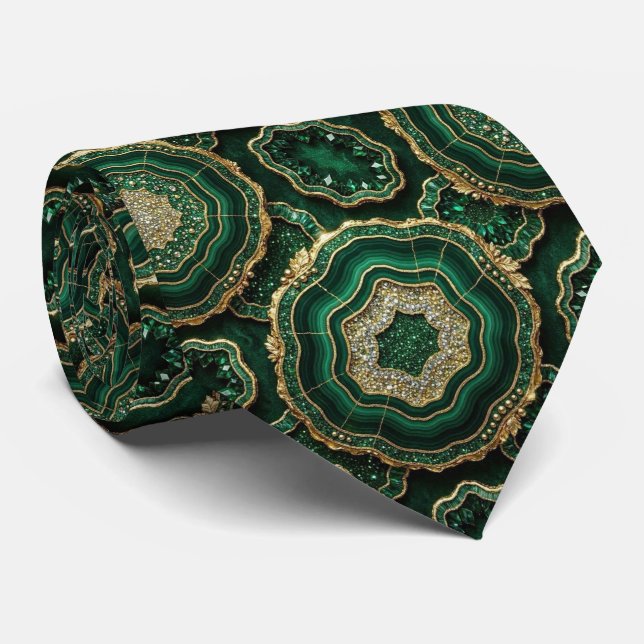 Corbata Seda de lujo falsa | Geoda verde + dorado (Enrollado)
