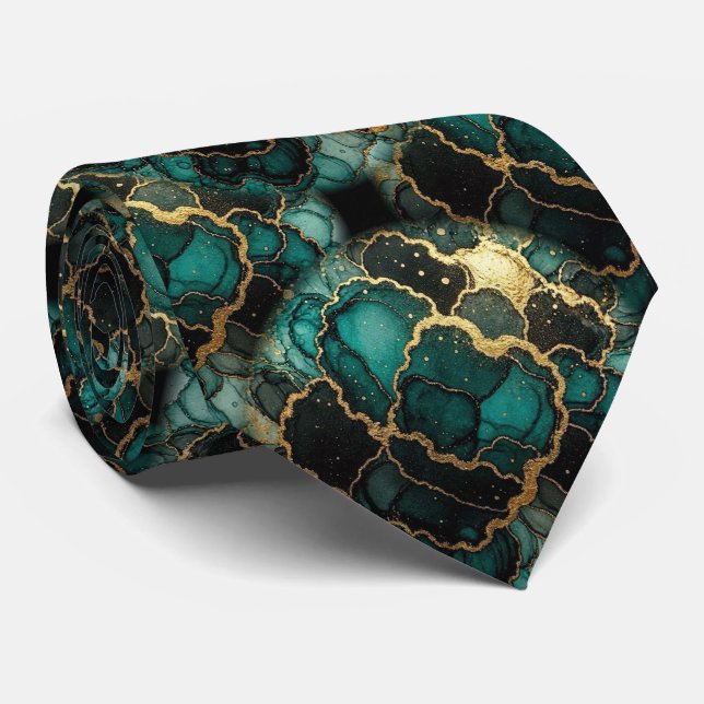 Corbata Seda Falsa Formal | Caballero de Mármol Verde Azul (Enrollado)