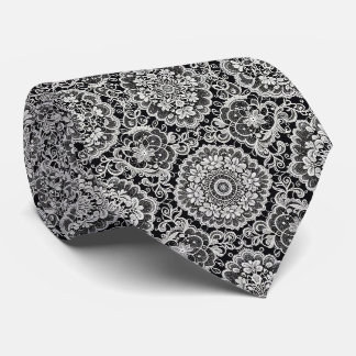 Corbata Seda Falsa | Patrón de Encaje Blanco y Negro | 