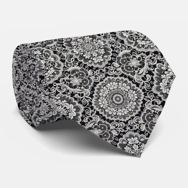 Corbata Seda Falsa | Patrón de Encaje Blanco y Negro |  (Enrollado)