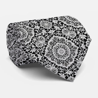 Corbata Seda Falsa | Patrón de Encaje Blanco y Negro | 