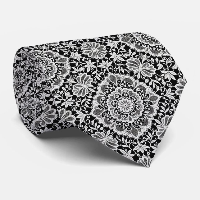 Corbata Seda Falsa | Patrón de Encaje Blanco y Negro |  (Enrollado)