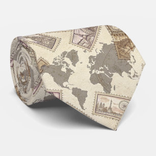 Corbata Sello de viaje vintage sepia con mapa del mundo