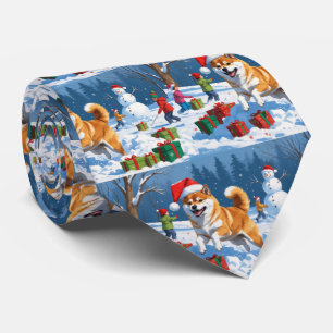 Corbata Shiba Inu corriendo en la nieve con sombrero de Na