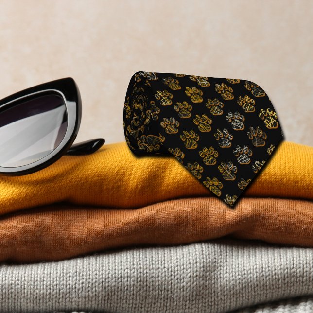 Corbata Silhouette Halloween Black, Mascota de la ruta ani (Halloween animal paw silhouette on black tie)