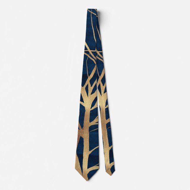 Corbata Silhouette moderna de árbol de oro Diseño azul mín (Anverso)