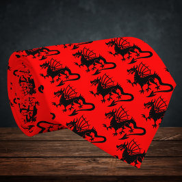 Corbata Silueta de dragón galés negro con fondo rojo