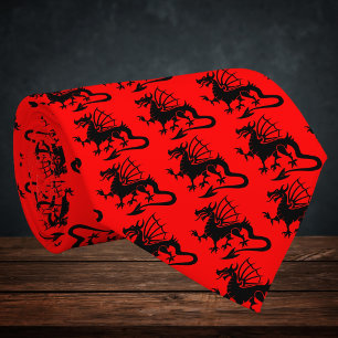 Corbata Silueta de dragón galés negro con fondo rojo