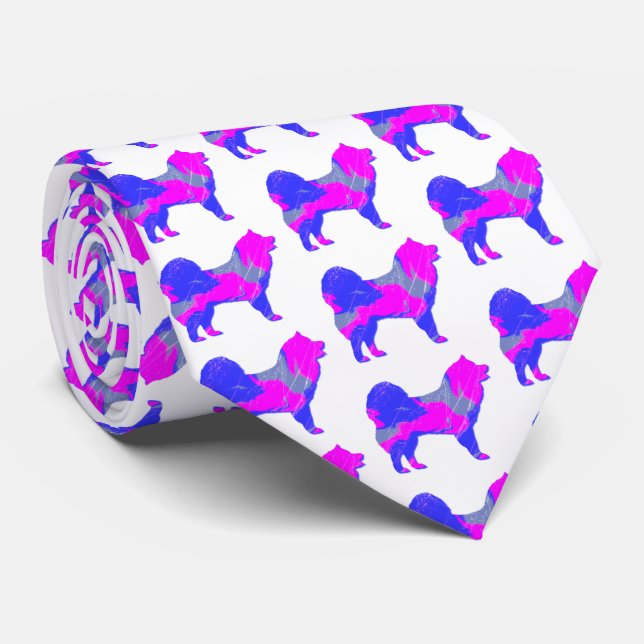 Corbata Silueta de perro samoyada blanco rosa y azul claro (Enrollado)