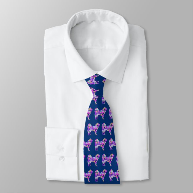 Corbata Silueta de perro samoyada Necktie azul morado (Atado)