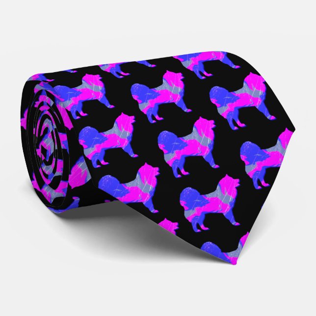 Corbata Silueta de perro samoyada rosa y azul negro (Enrollado)