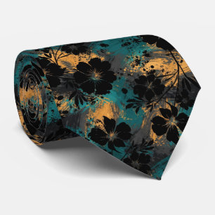 Corbata Silueta floral negra en negrita con verde azulado