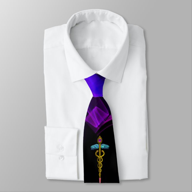 Corbata SÍMBOLO MÉDICO CADUCEUS DE ORO Púrpura Negro Swirl (Atado)