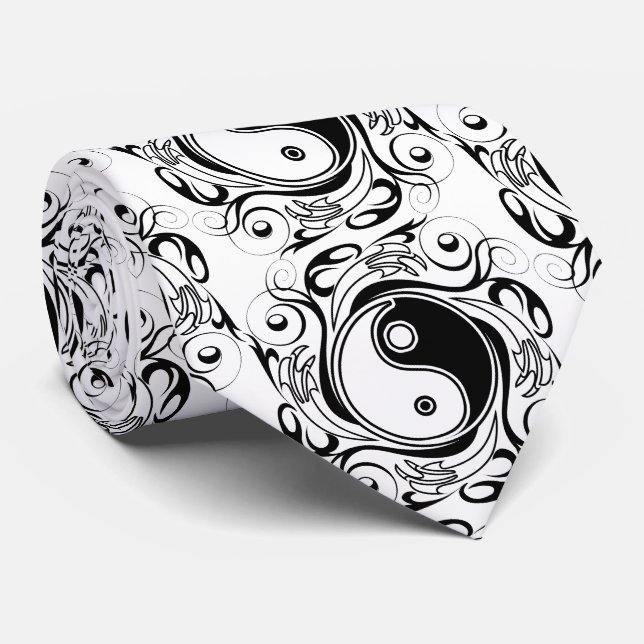 Corbata Símbolo Yin & Yang estilo Tatuaje blanco y negro (Enrollado)