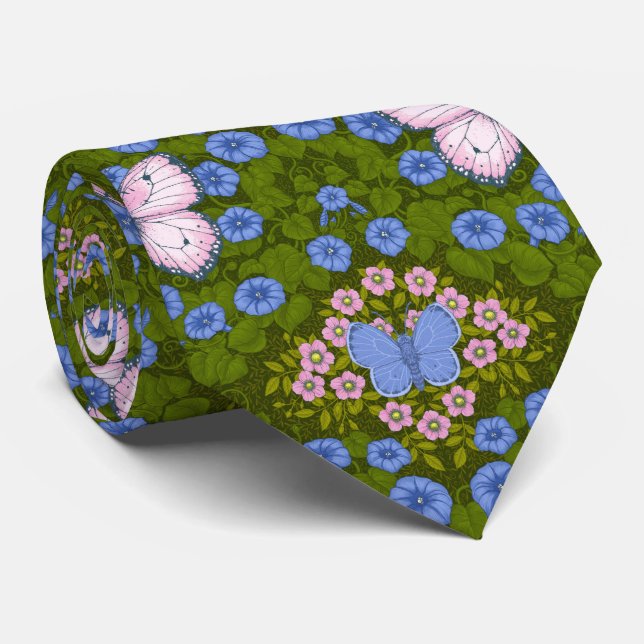 Corbata Simetría de mariposas y flores, azul y rosa (Enrollado)