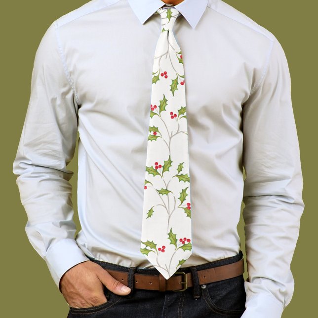 Corbata Simple Navidad Aquarela Acebo Bayas Verdor (Watercolor red holly berries neck tie. )