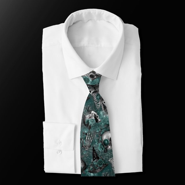 Corbata Skull Witch Floral | Oscuro Gótico Medianoche Verd (Subido por el creador)