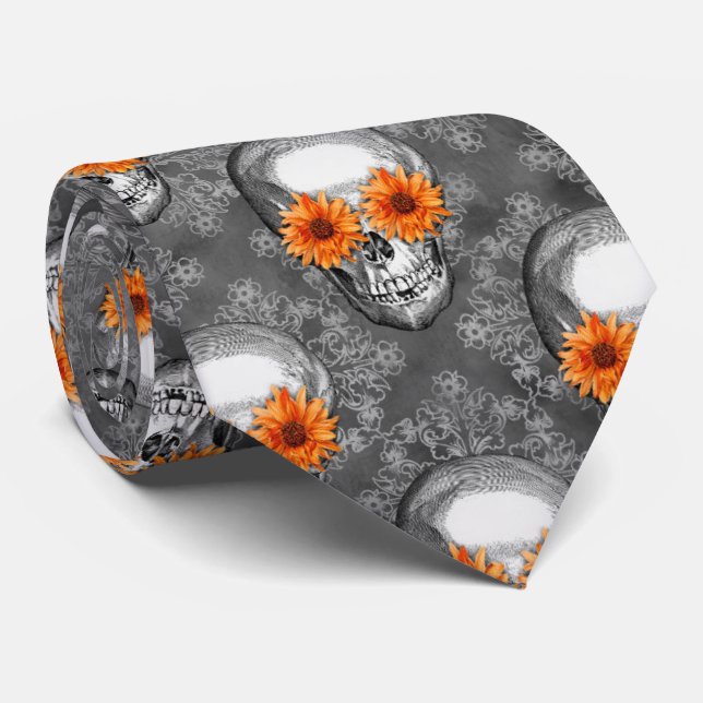 Corbata Skulls naranjas y diseño de la serie de girasoles  (Enrollado)