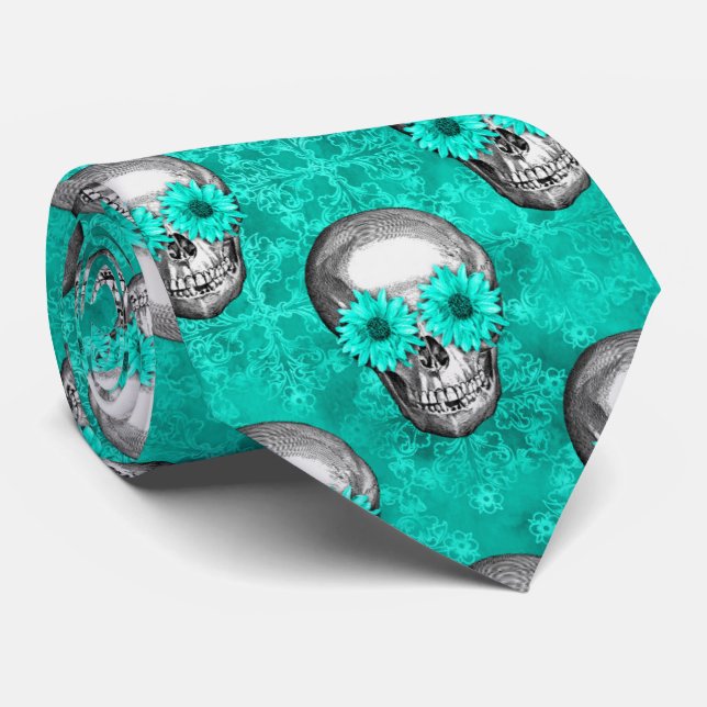 Corbata Skulls turquesa y diseño de la serie de girasoles  (Enrollado)