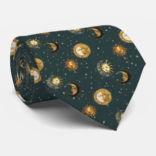 Corbata Sol Celestial Oro Luna Estrellas Azul Medianoche
