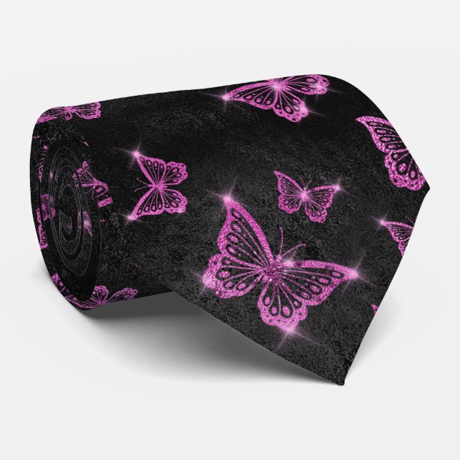 Corbata Sparkle Glam Hot Pink Butterflies (Enrollado)