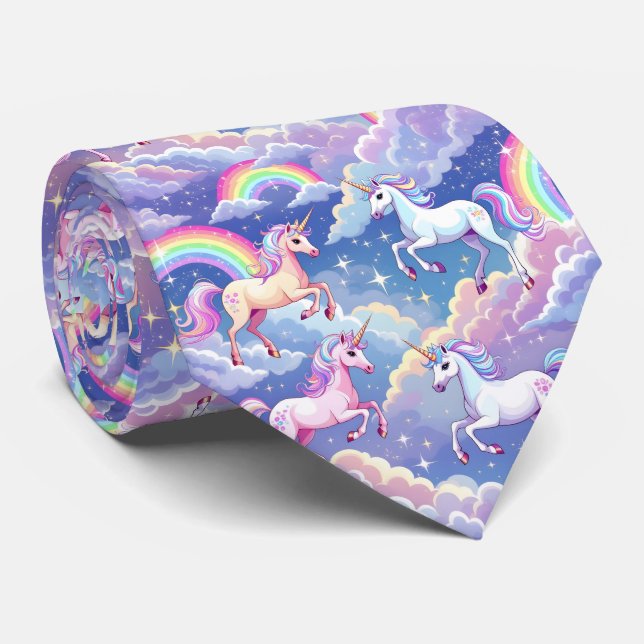Corbata Sparkly rainbow and unicorns on clouds (Enrollado)