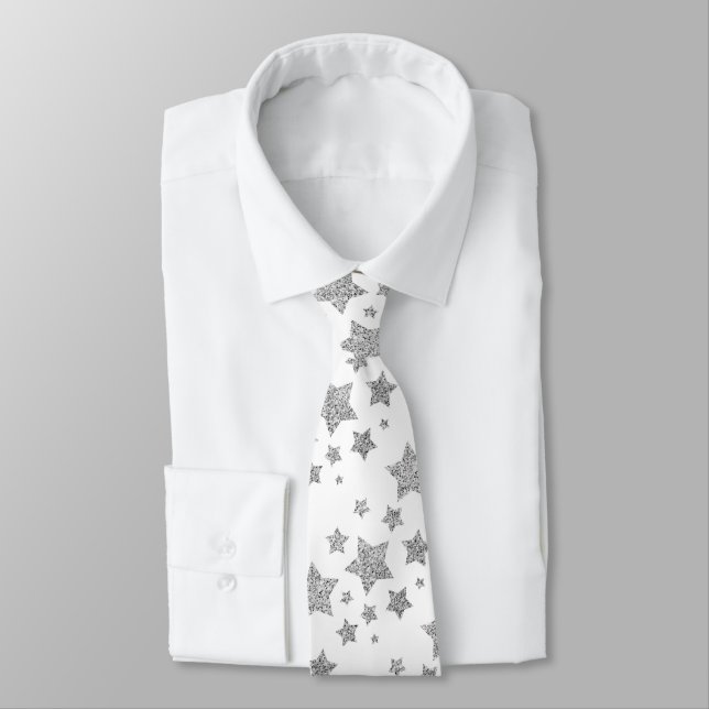 Corbata Sparkly Silver Stars Navidad patrón blanco (Atado)