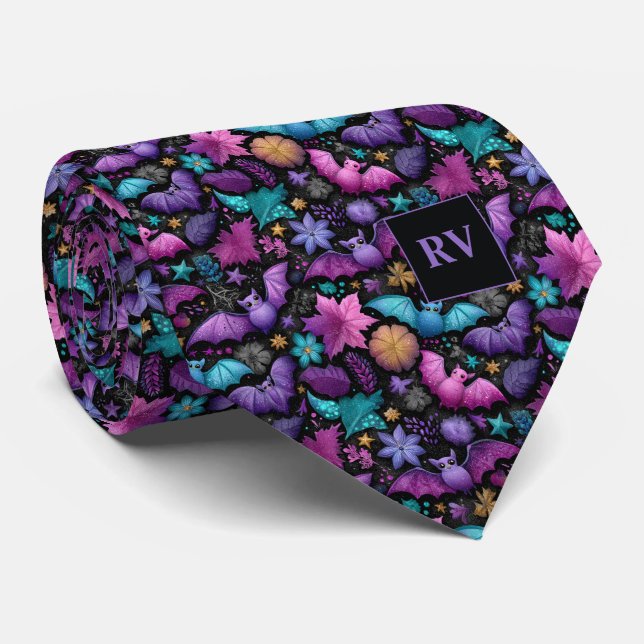 Corbata Spooky Midnight Garden Bats Halloween Monogramado (Enrollado)