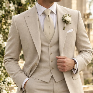 Corbata Sprig Botánico de Lino Marfil con Raya Minimalista